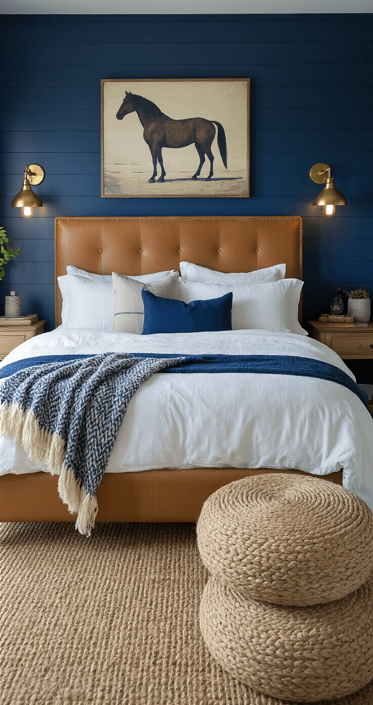 Coastal Cowgirl Bedroom: Create Your Dream Retreat with Western Coastal Charm Moody bedroom featuring a navy shiplap accent wall, platform bed with camel leather headboard, and textured white bedding. Indgo throw pillows and a chunky knit blanket complement the decor. Warm brass sconces illuminate the space, while a vintage surfboard and antique horse artwork add character. Jute poufs provide casual seating, all captured in soft, ambient light from the doorway.