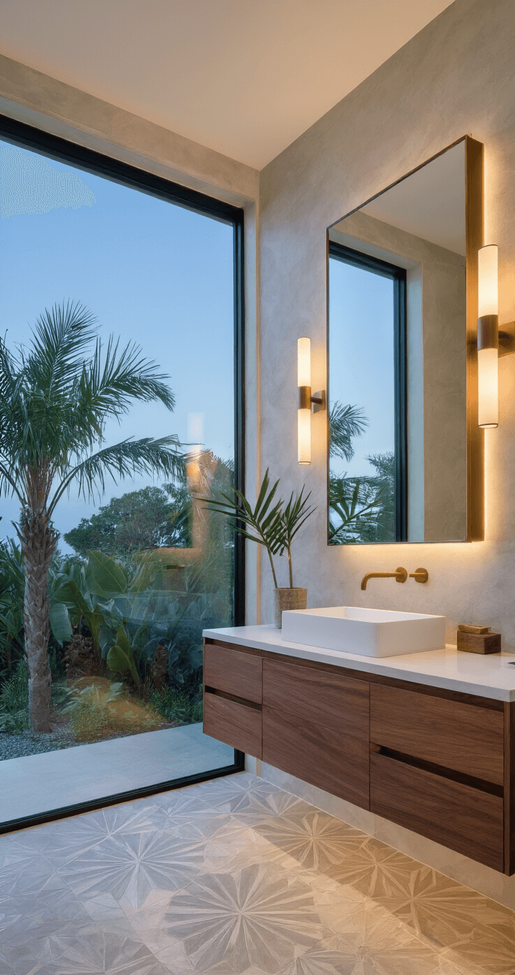 Coastal Cottage Bathroom: Your Ultimate Guide to Serene, Breezy Design A modern coastal bathroom measuring 10x12 feet features a dramatic floor-to-ceiling window wall overlooking a garden, dusk lighting with sconces, a floating walnut vanity with a waterfall quartz countertop, and geometric cement floor tiles in sand and grey. A massive frameless mirror with integrated lighting and mixed metal accessories in brushed brass and chrome complement the design, while a potted palm adds an organic touch. The elevated shot captures the reflection patterns, evoking a sophisticated coastal mood.