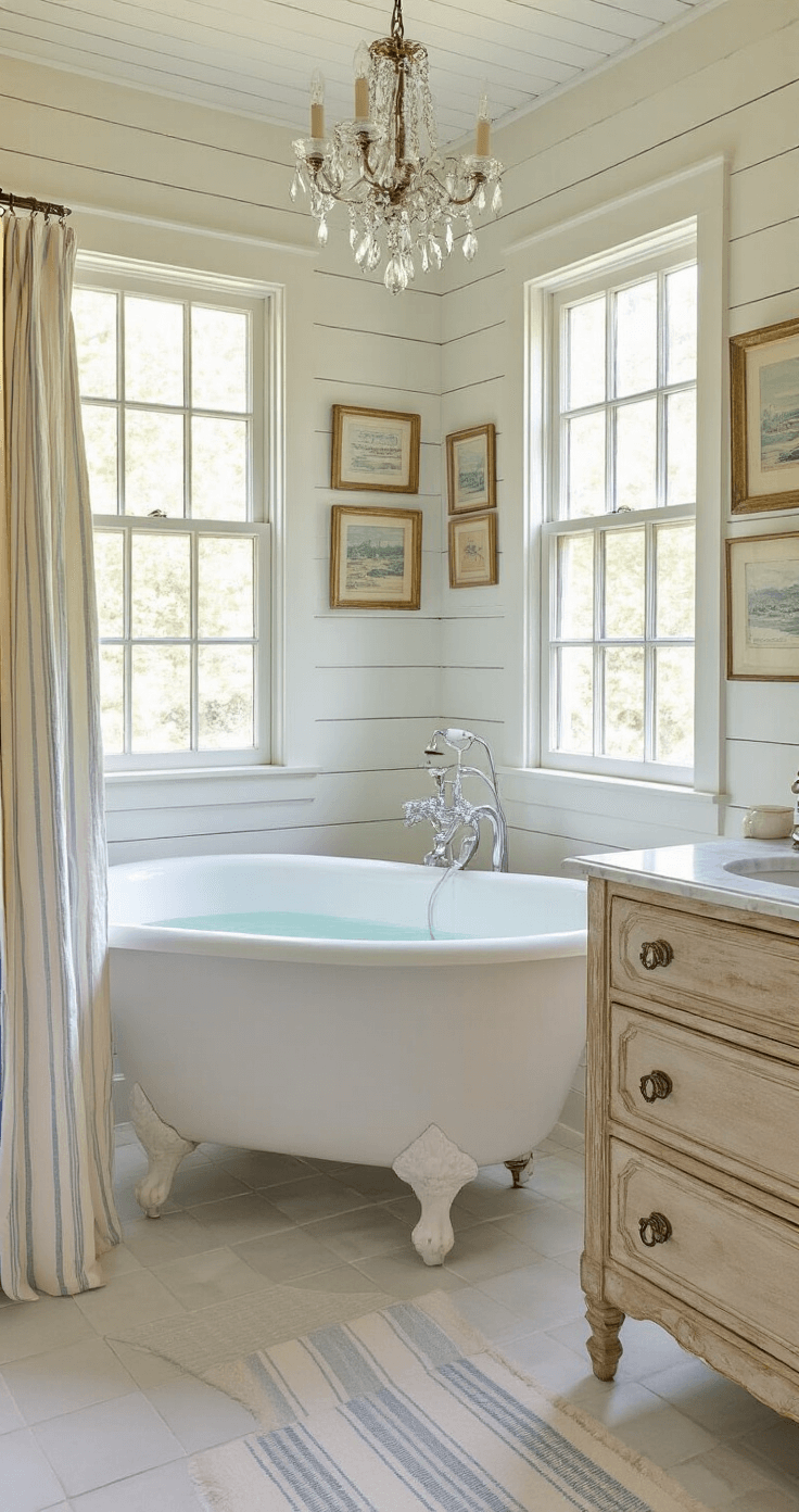 Coastal Cottage Bathroom: Your Ultimate Guide to Serene, Breezy Design Classic cottage bathroom with a restored clawfoot tub as the centerpiece, white shiplap walls, a pale grey ceiling, and golden hour lighting through vintage glass windows. An antique dresser serves as a vanity topped with marble, while a striped linen shower curtain complements vintage coastal prints. A crystal chandelier enhances the elegant atmosphere.