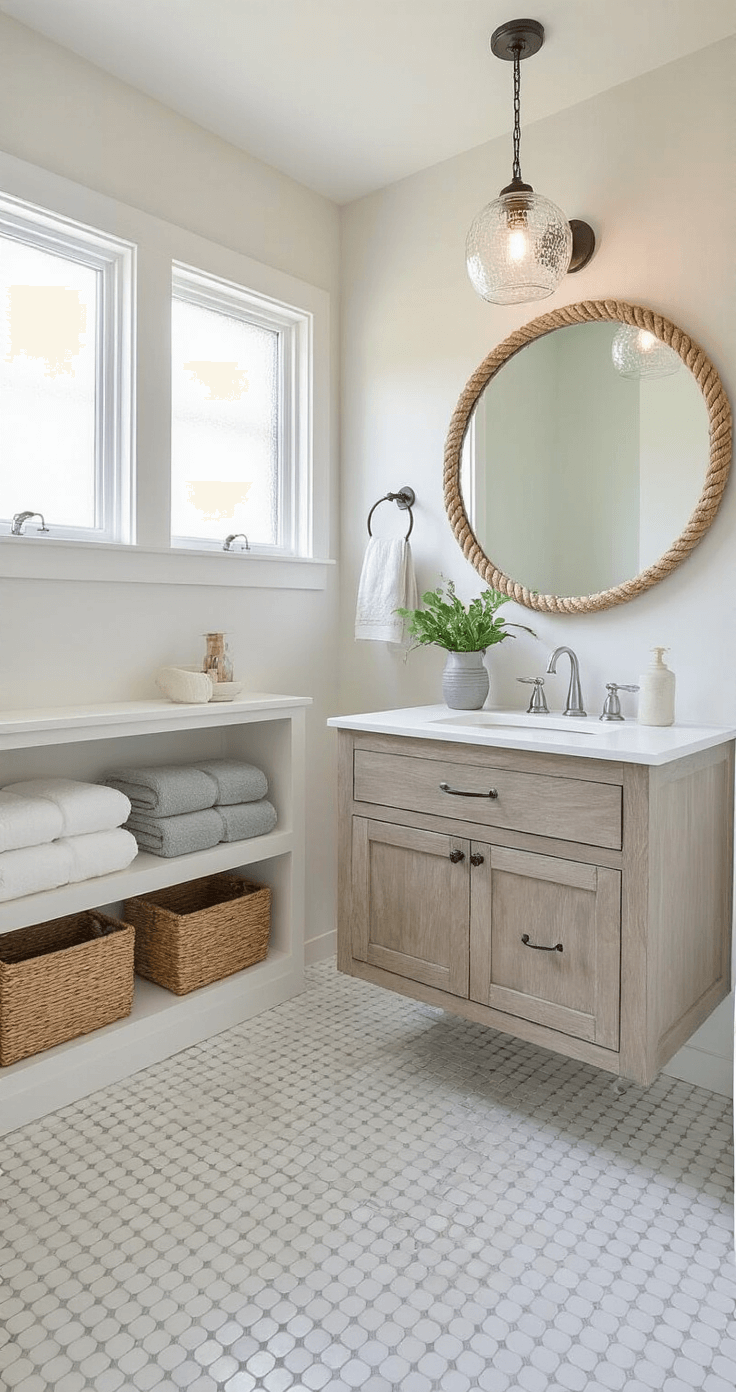 Coastal Cottage Bathroom: Your Ultimate Guide to Serene, Breezy Design Compact beach bungalow bathroom featuring natural light, white penny tile floor, driftwood wall-mounted vanity, oversized round mirror, open shelving with coastal decor, and a glass pendant light, captured with a wide-angle lens.