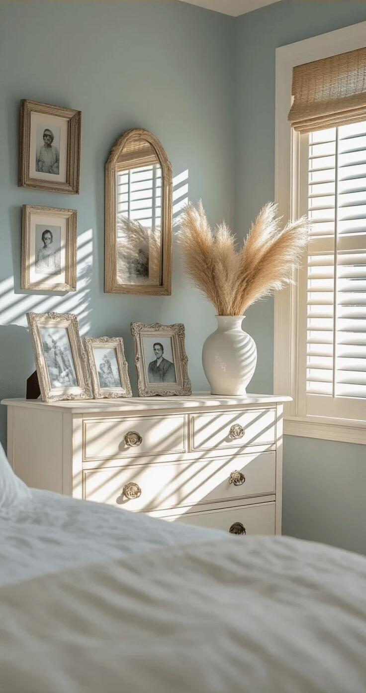 Coastal Granddaughter Bedroom: The Ultimate Styling Guide to Create Your Dream Retreat Corner vignette of a coastal bedroom featuring an antique white dresser against pale blue-gray walls, illuminated by late afternoon sunlight through white plantation shutters. A collection of vintage silver frames holds black and white family photos, while a white ceramic ginger jar filled with dried pampas grass and a rattan mirror above reflect warm light, creating a soft, nostalgic mood.