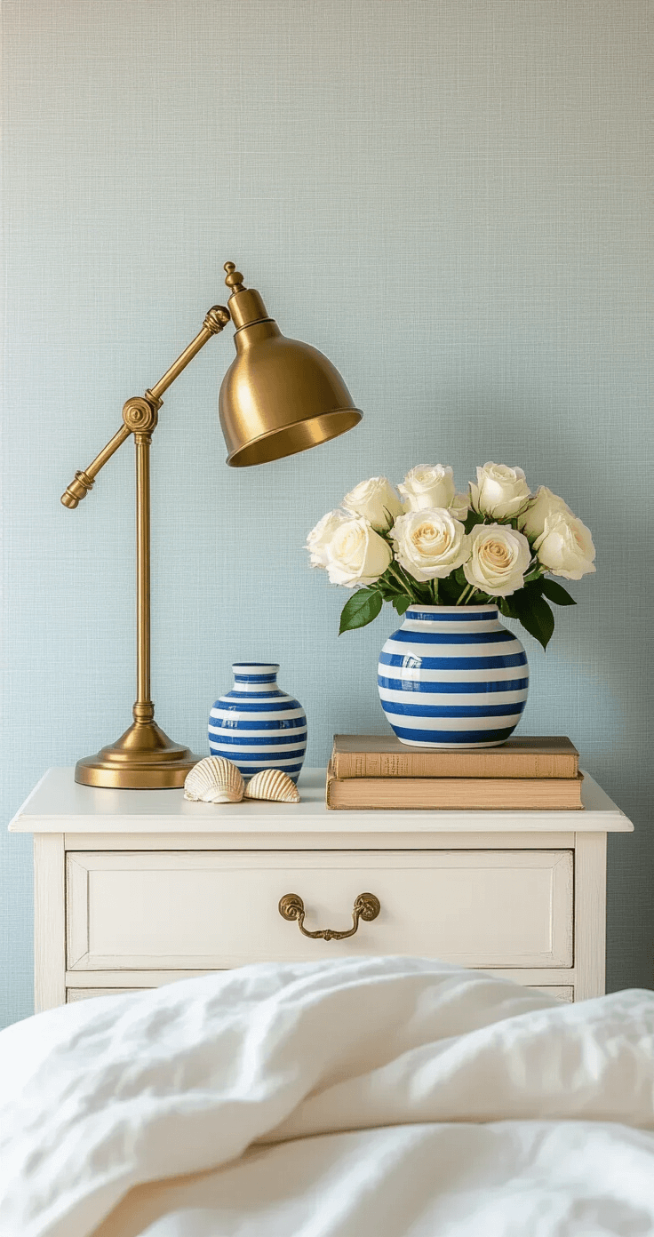 Coastal Granddaughter Bedroom: The Ultimate Styling Guide to Create Your Dream Retreat A cozy bedside vignette featuring a whitewashed nightstand with a brass pharmacy lamp, a blue and white striped vase of fresh white roses, vintage books, and a small shell collection, set against pale blue grasscloth wallpaper in warm golden hour lighting.