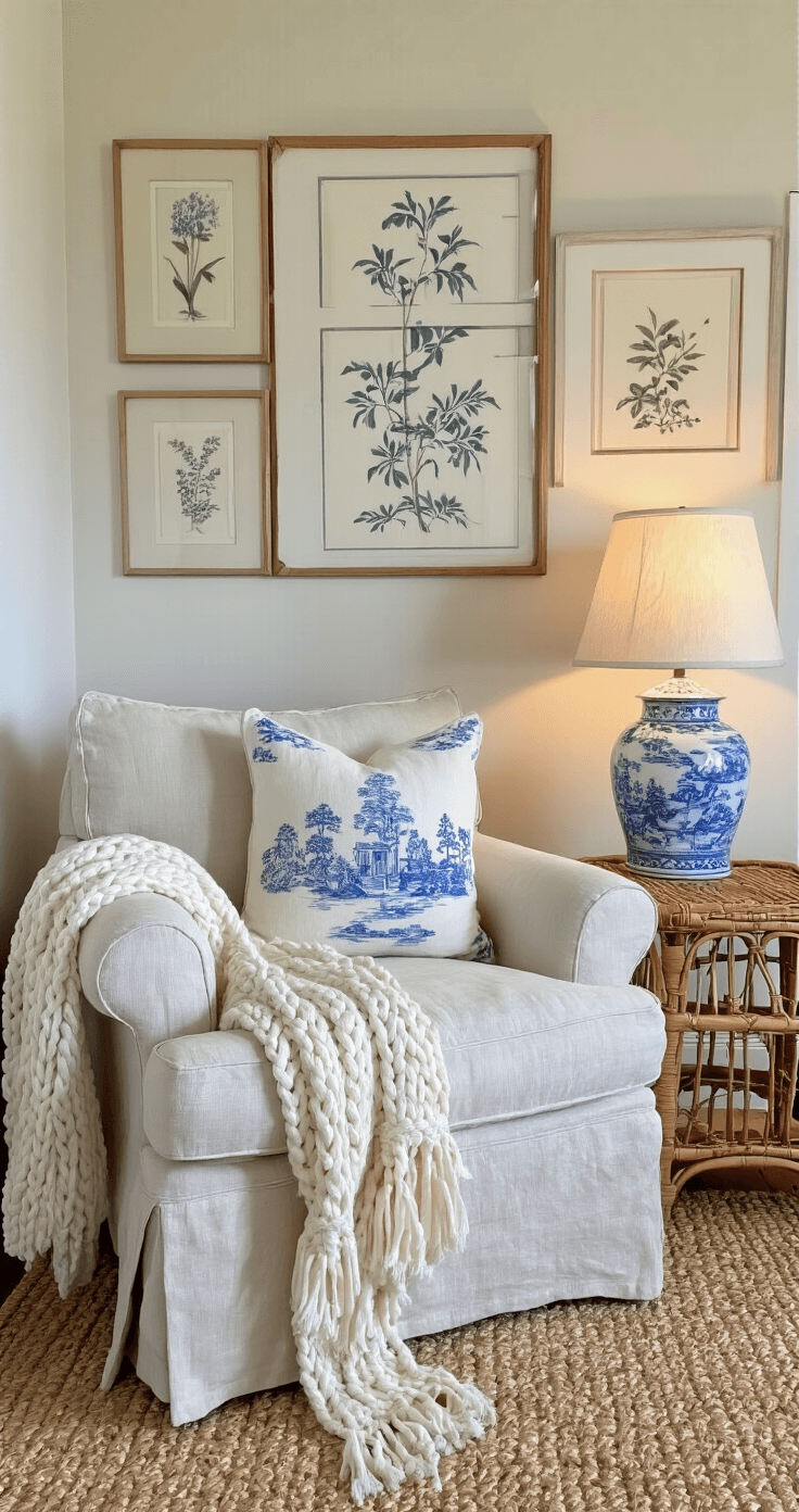 Coastal Granddaughter Bedroom: The Ultimate Styling Guide to Create Your Dream Retreat Cozy corner seating area in a small bedroom featuring a slipcovered linen armchair, a rattan side table, a vintage blue and white lamp, and a chunky knit throw, complemented by a gallery wall of botanical prints and a sisal rug, all creating an intimate atmosphere.