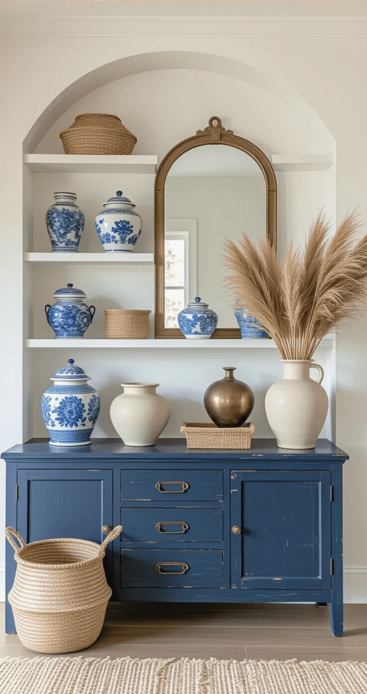 Coastal Granddaughter Living Room: Your Ultimate Design Guide to Effortless Seaside Comfort A coastal living space vignette featuring white built-in shelves filled with vintage blue-and-white pottery, weathered brass items, and ivory ceramic vessels, complemented by a distressed navy sideboard topped with an arched mirror. Woven grass baskets and dried pampas grass in a ceramic vase add texture, all bathed in soft morning light.