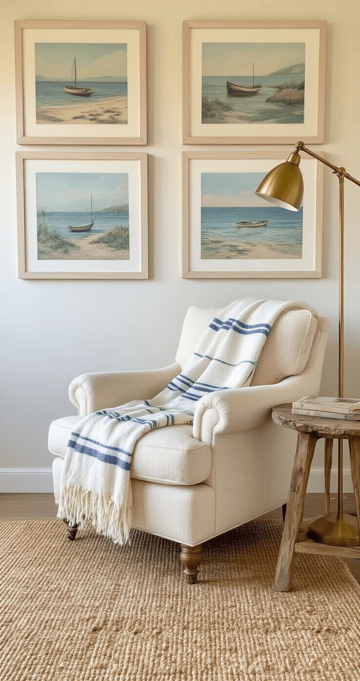 Coastal Granddaughter Living Room: Your Ultimate Design Guide to Effortless Seaside Comfort Intimate corner seating in a cozy 15x18ft room features an oversized cream bouclé armchair, a brass floor lamp, and a weathered oak side table with an ivory throw draped over the chair. Behind, a gallery wall of vintage coastal prints in whitewashed frames and a natural seagrass rug complete the scene, all illuminated by warm golden hour light.