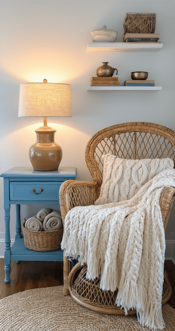 Coastal Granddaughter Living Room: Your Ultimate Design Guide to Effortless Seaside Comfort Cozy reading corner at dusk with a vintage rattan peacock chair draped in a cream throw, next to a distressed blue side table holding a ceramic lamp. Floating shelves showcase coastal books and brass decor, while a woven basket holds neutral throws.