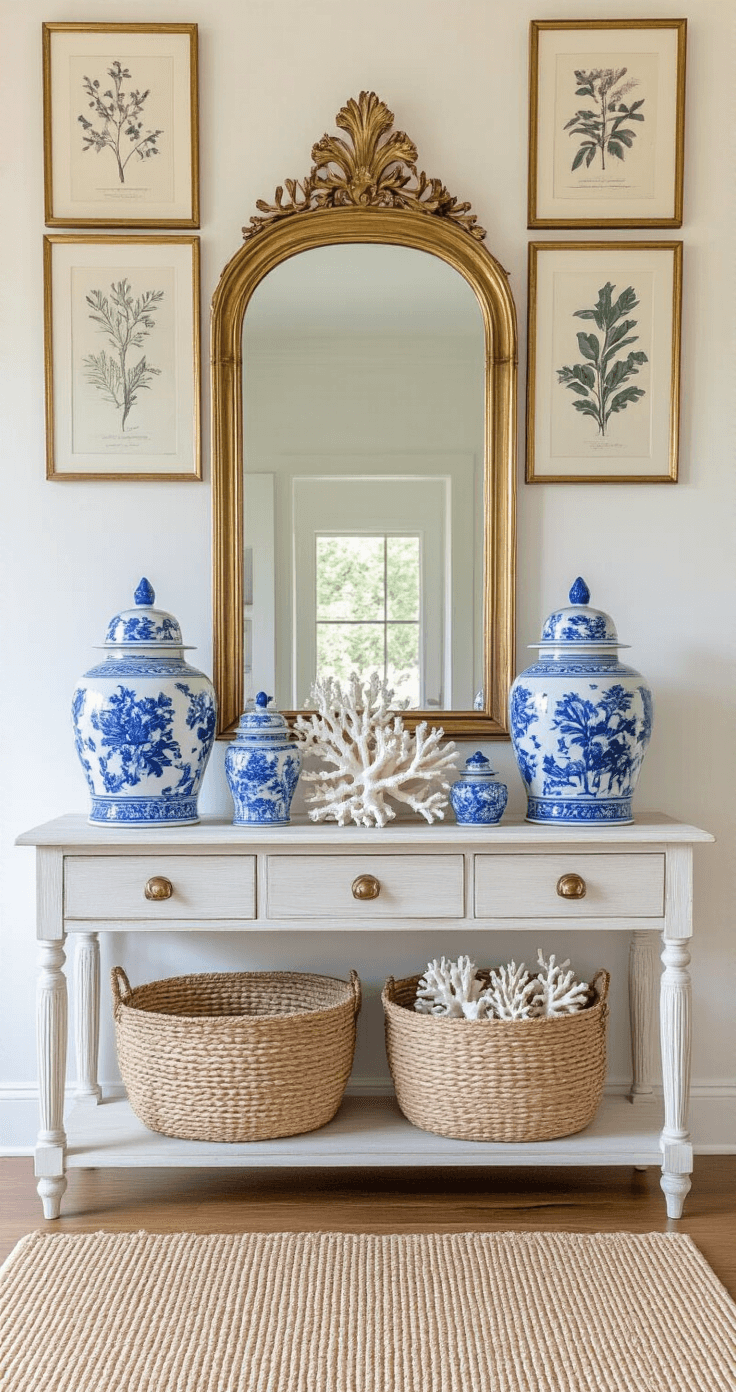Coastal Granddaughter Living Room: Your Ultimate Design Guide to Effortless Seaside Comfort Bright and airy entryway featuring a vintage whitewashed console table adorned with blue and white ginger jars, a brass mirror, and coral specimens. A gallery wall of vintage botanical prints in brass frames hangs above, while a chunky woven basket sits beneath the console. A sisal runner guides the eye through the space in this symmetrical shot.