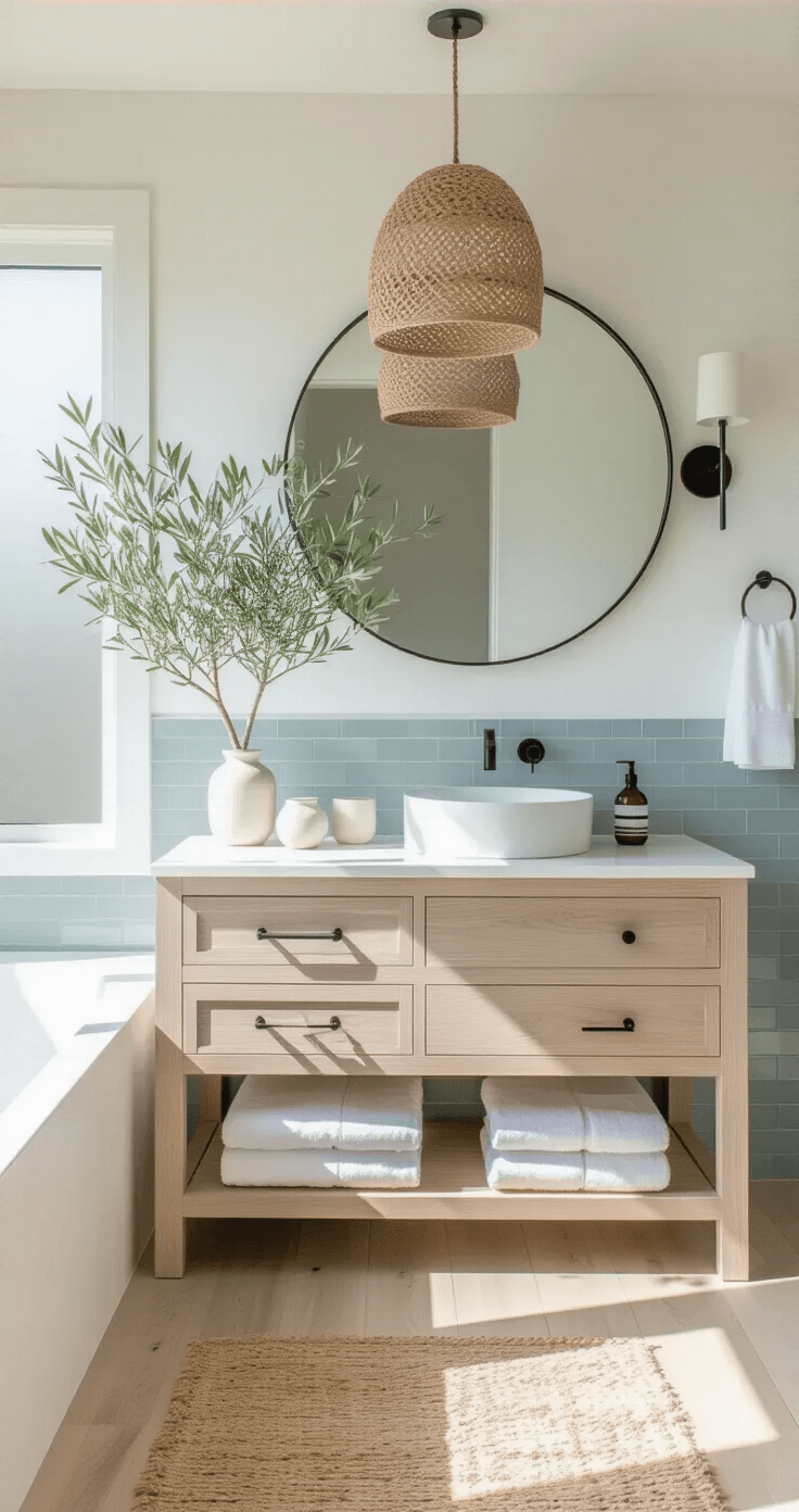 Creating Your Perfect Coastal Modern Bathroom: A Comprehensive Design Guide A modern coastal bathroom featuring a floating double vanity, oversized round mirror, and pale blue-gray accent wall, illuminated by morning light through a frosted window, with whitewashed oak flooring and natural decor elements.