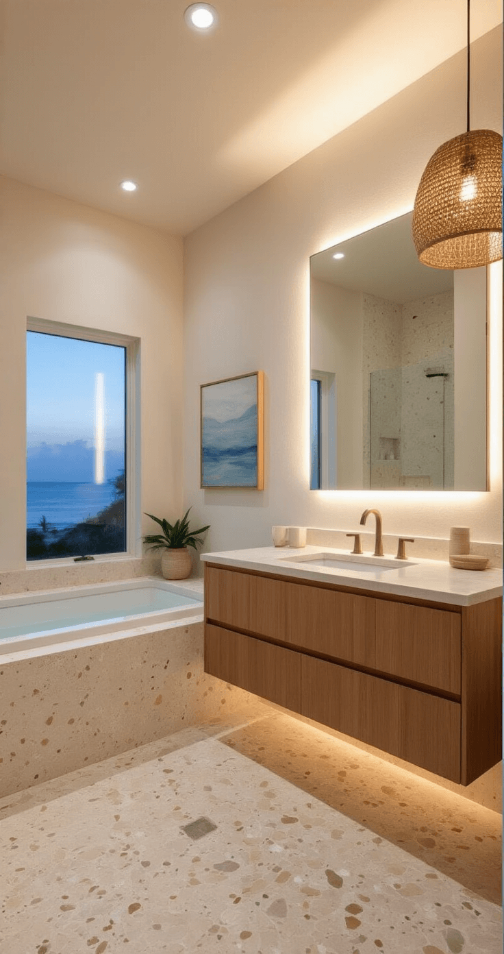 Creating Your Perfect Coastal Modern Bathroom: A Comprehensive Design Guide Tranquil coastal bathroom at dusk featuring venetian plaster walls, large-format terrazzo tiles, a modern teak vanity with a marble counter, and soft cove lighting.