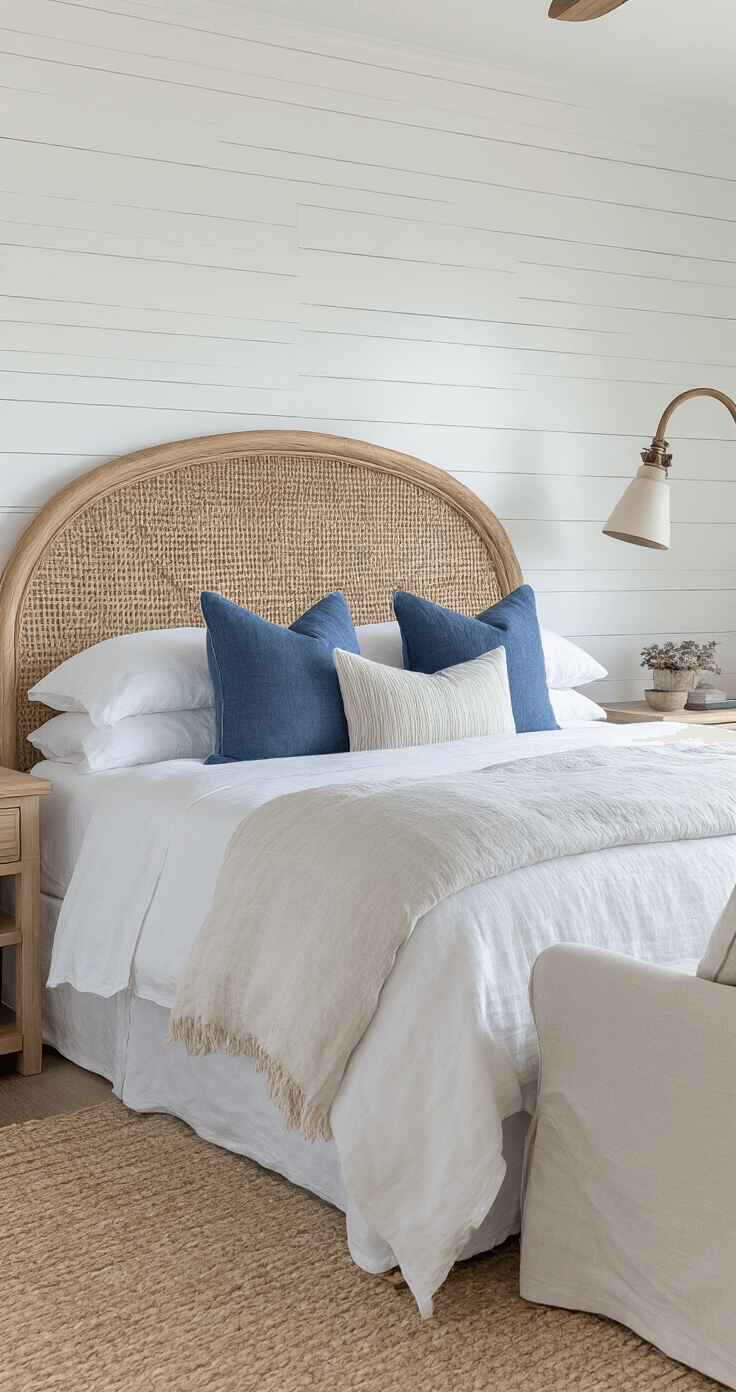 Crafting Your Dream Coastal Master Bedroom: A Serene Seaside Sanctuary Intimate beachside bedroom featuring white shiplap walls, a woven rattan headboard, rumpled linen bedding in white and pale grey, vintage indigo pillows, and a cozy reading nook with a slipcovered chair, all bathed in warm natural light.