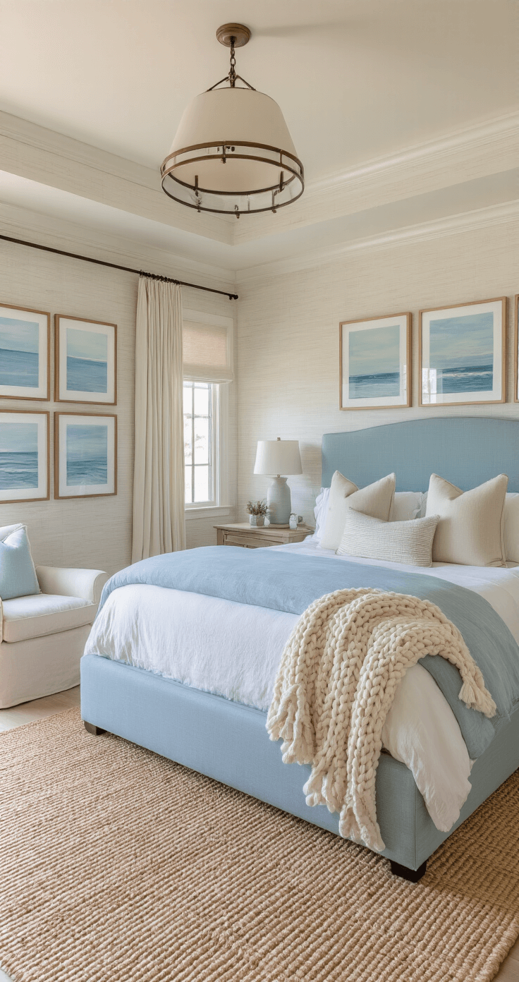 Crafting Your Dream Coastal Master Bedroom: A Serene Seaside Sanctuary A wide-angle view of a primary suite during sunset, featuring a California king bed with a pale blue upholstered headboard, white grasscloth wallpaper, and a coastal artwork gallery wall. An ivory chunky knit throw drapes over a linen duvet, while a sisal rug anchors a seating area with two slipcovered chairs, all illuminated by warm golden hour lighting.
