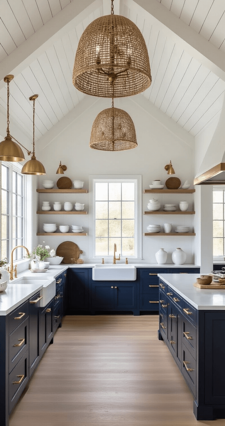 Coastal Kitchen Cabinets: Transform Your Space into a Seaside Sanctuary Moody evening kitchen panorama featuring vaulted white-planked ceiling, navy lower cabinets, white upper cabinets with brass hardware, oversized woven chandeliers, and white oak open shelving displaying white ceramics and glass floats, captured from the doorway with professional lighting showcasing architectural details.