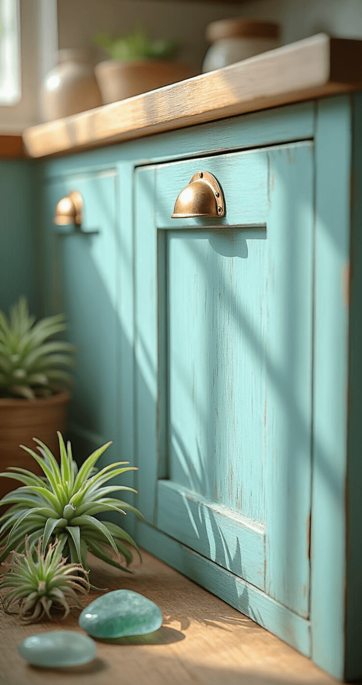 Coastal Kitchen Cabinets: Transform Your Space into a Seaside Sanctuary Extreme close-up of a weathered aqua-painted cabinet vignette, showcasing visible brush strokes and a vintage brass bin pull illuminated by golden morning light. Delicate air plants and sea glass adorn the scene, captured with a shallow depth of field to emphasize the textured materials.