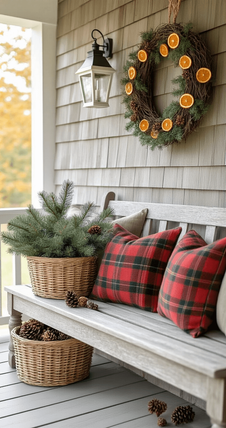 Magical Front Porch Christmas Decor: Transform Your Entryway into a Festive Wonderland Cozy cottage porch nook featuring a weathered teak bench with tartan cushions, a handwoven basket filled with pine boughs and pinecones, and white-washed lanterns, complemented by a grape vine wreath adorned with dried orange slices and cinnamon sticks, all bathed in natural midday light.
