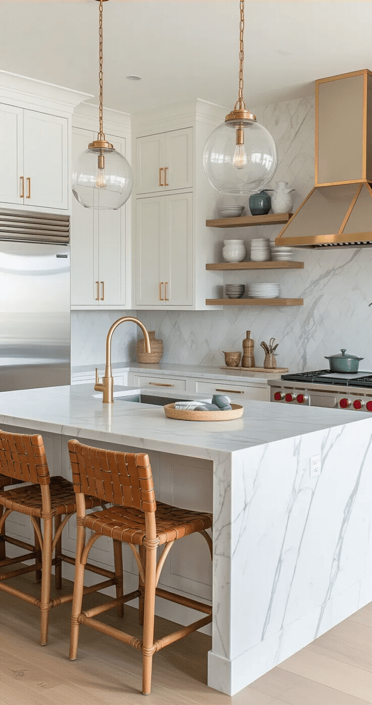 Modern Florida Home: Your Ultimate Guide to Coastal Contemporary Living A spacious kitchen during brunch hour featuring a 12ft honed marble island, warm white flat-panel cabinets with brushed gold hardware, artisanal ceramics on floating shelves, clear glass and brass pendant lights, woven leather barstools, and a panel-front Sub-Zero refrigerator, all styled for a bright and clean aesthetic.