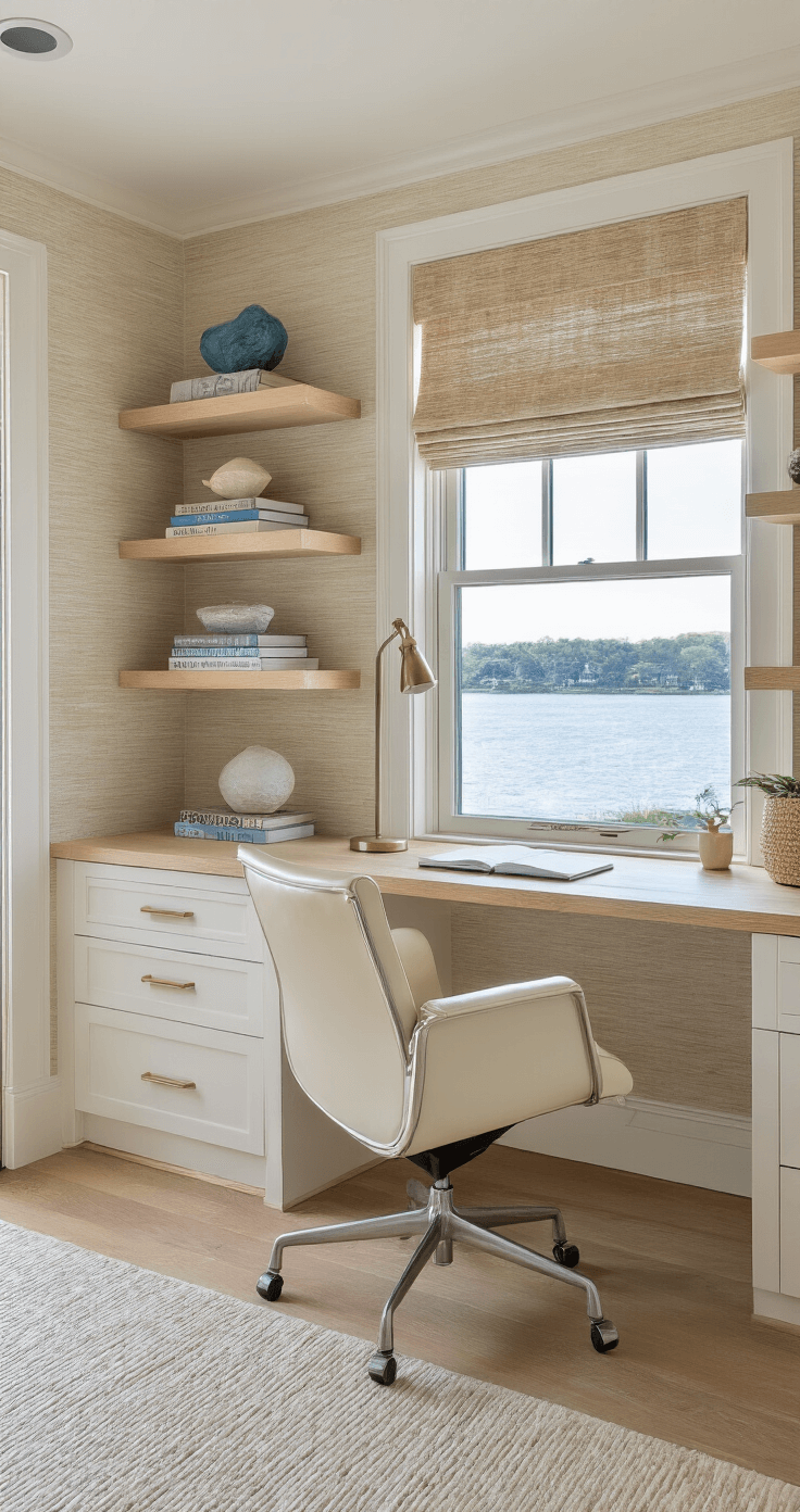Modern Florida Home: Your Ultimate Guide to Coastal Contemporary Living Home office nook featuring a built-in white oak desk facing a window with a water view, complemented by a cream leather Eames-style chair. Floating shelves displaying coastal objects and books, with textured grasscloth wallpaper adding warmth. The scene is well-lit with natural light and task lighting, exhibiting a professional yet relaxed atmosphere. Wide-angle perspective shows integration with the larger living space.