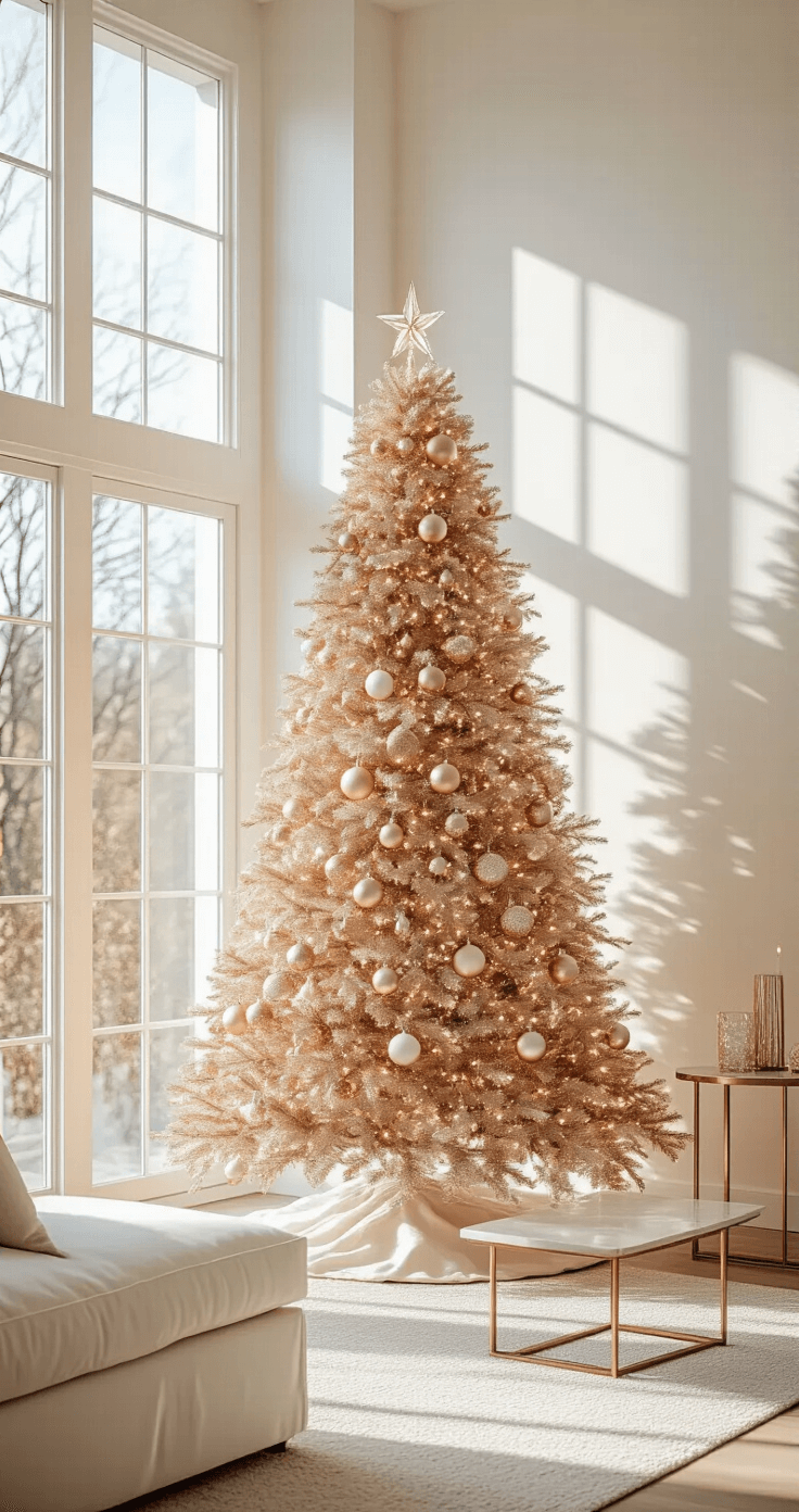 Pink Christmas Tree: A Whimsical Holiday Decor Revolution A modern living room with a rose-gold metallic Christmas tree, adorned with champagne and blush ornaments, bathed in afternoon sunlight streaming through floor-to-ceiling windows, surrounded by cream linen furniture and brass accents.