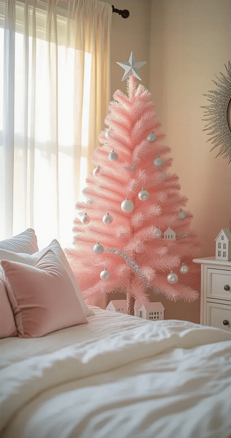 Pink Christmas Tree: A Whimsical Holiday Decor Revolution Cozy bedroom corner with a pink bottle brush tree on a vintage white dresser, decorated with baubles and tinsel, illuminated by golden hour light through sheer curtains, featuring plush bedding and pink velvet pillows.