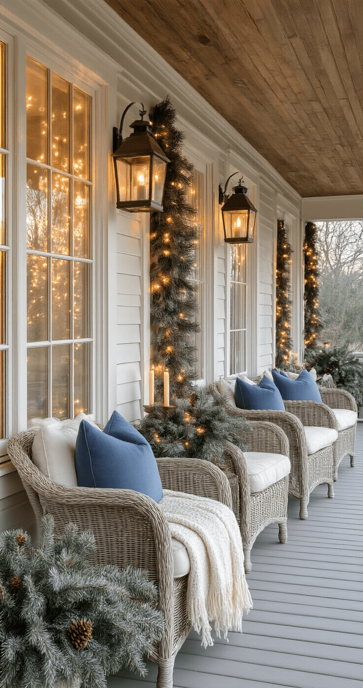 Christmas 2025 Decor: Old World Charm Meets Modern Elegance A frost-covered porch measuring 20x8ft at dawn, featuring warm white string lights, weathered wicker furniture with ivory throws and steel blue pillows, vintage lanterns with flameless candles, and adorned with cedar garland and pinecones, all captured from the entry door perspective.