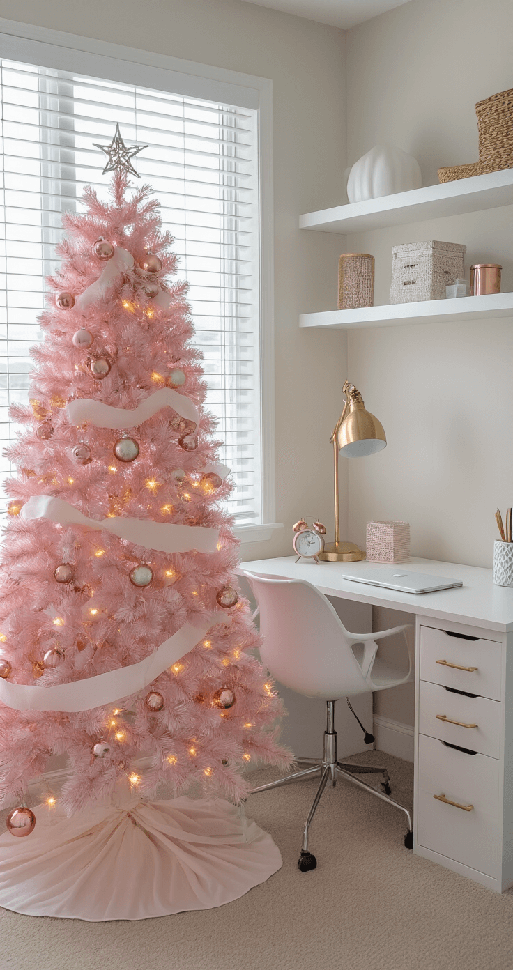 Pink Christmas Tree: A Whimsical Holiday Decor Revolution Elegant home office featuring a modern white desk with brass accessories, a 6ft matte pink artificial tree adorned with copper and rose gold ornaments, and illuminated by morning light filtering through venetian blinds. Clear fairy lights and white ribbon enhance the tree's decor, while built-in white shelving and a ghost chair contribute to the organized, symmetrical design.
