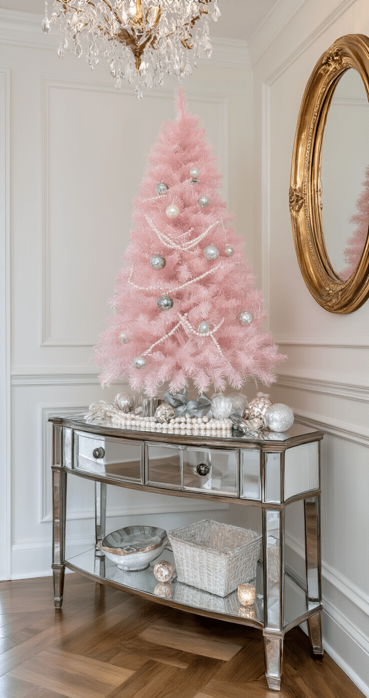 Pink Christmas Tree: A Whimsical Holiday Decor Revolution Intimate entryway featuring a 5ft pastel pink tinsel tree on a mirrored console table, adorned with vintage mercury glass ornaments, pearl garlands, and silver ribbon, with chandelier lighting creating a sparkle effect, herringbone wood floors, traditional wainscoting, and a gilded mirror in the background.