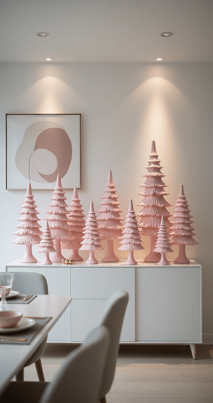 Pink Christmas Tree: A Whimsical Holiday Decor Revolution Minimalist dining room with a white sideboard displaying varying-height pink ceramic trees adorned with LED lights and gold ornaments, set against a modern dining set and abstract art, illuminated by recessed lighting.