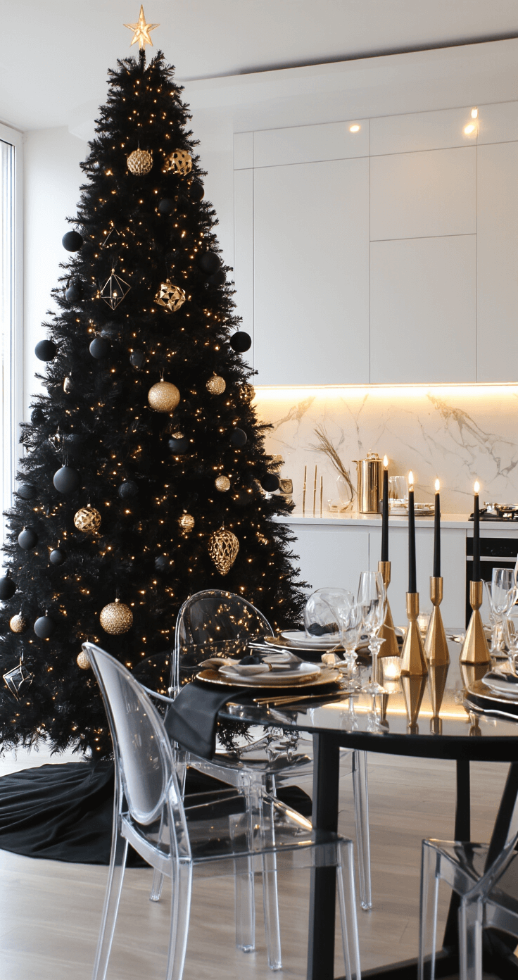 Luxury Christmas Decor 2025: Transform Your Home into a Glamorous Holiday Wonderland A modern open-concept kitchen-dining space features a dramatic 9-foot black Christmas tree against a white marble wall, decorated with black and gold ornaments and warm white lights. Ghost chairs surround a glass dining table with metallic linens and crystal tableware, while varying height gold candlesticks with black tapers adorn the island. The scene is captured from counter height, highlighting reflective details amid a blend of cool and warm ambient lighting at twilight.