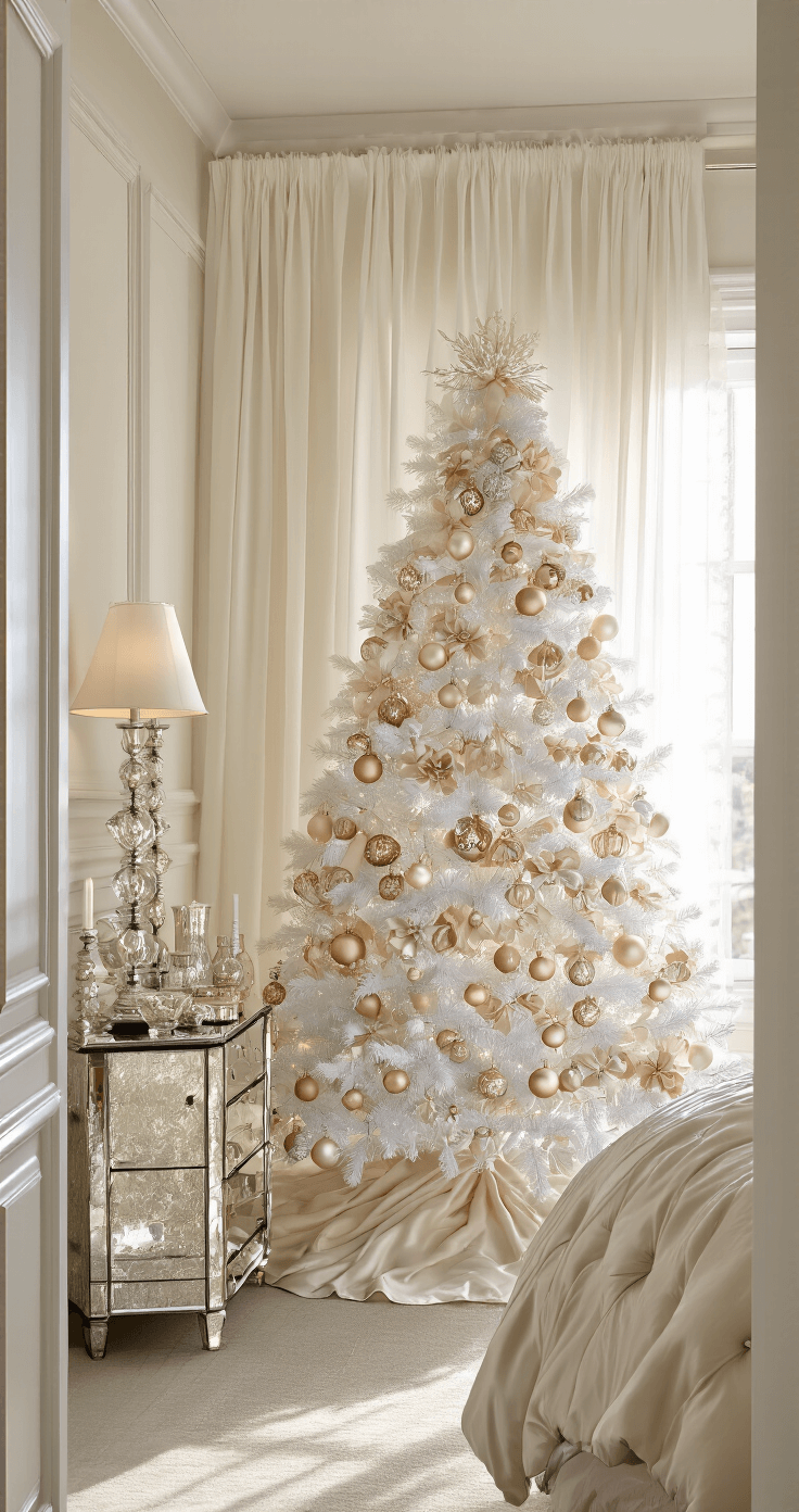 Luxury Christmas Decor 2025: Transform Your Home into a Glamorous Holiday Wonderland A luxurious master bedroom suite at sunrise featuring a 6-foot white flocked tree adorned with champagne, blush, and pearl ornaments. Soft morning light filters through floor-to-ceiling ivory sheers, illuminating a tufted velvet king bed dressed in silk champagne bedding. Mercury glass nightstands with crystal lamps and metallic ornament clusters enhance the elegant decor, captured in a dreamy soft focus from the doorway.