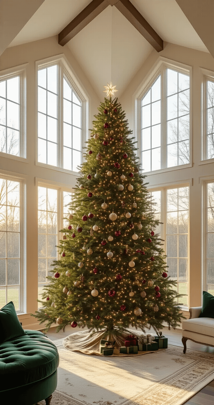 The Ultimate Guide to Christmas Trees: Transforming Your Home with Festive Cheer A spacious living room with vaulted ceilings bathed in golden hour light, featuring a 9-foot Fraser fir Christmas tree decorated with jewel-toned vintage glass ornaments and warm white lights, set on an antique brass stand over a cream Persian rug, and accompanied by a forest green velvet sofa with coordinating pillows, captured at eye level with natural bokeh.
