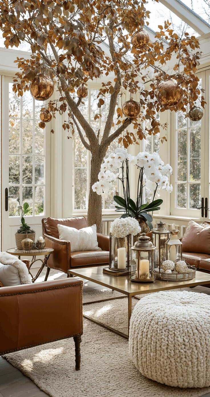 Luxury Christmas Decor 2025: Transform Your Home into a Glamorous Holiday Wonderland A cozy winter conservatory features a tall copper-toned tree decorated with vintage ornaments, surrounded by weathered leather chairs and cream ottomans, all bathed in natural light filtering through French doors, with potted orchids and hurricane lanterns enhancing the ambiance.