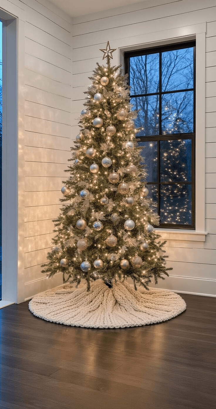 The Ultimate Guide to Christmas Trees: Transforming Your Home with Festive Cheer A cozy modern farmhouse family room at twilight, featuring a 7-foot pre-lit artificial Christmas tree in a corner nook with mixed metallic ornaments. The white-washed shiplap walls and dark hardwood floors create contrast, while a chunky cream wool tree skirt adds texture. Black metal window frames cast geometric shadows, and soft fill lighting balances the indoor and outdoor ambiance, complemented by galvanized metal accents and cotton stems.