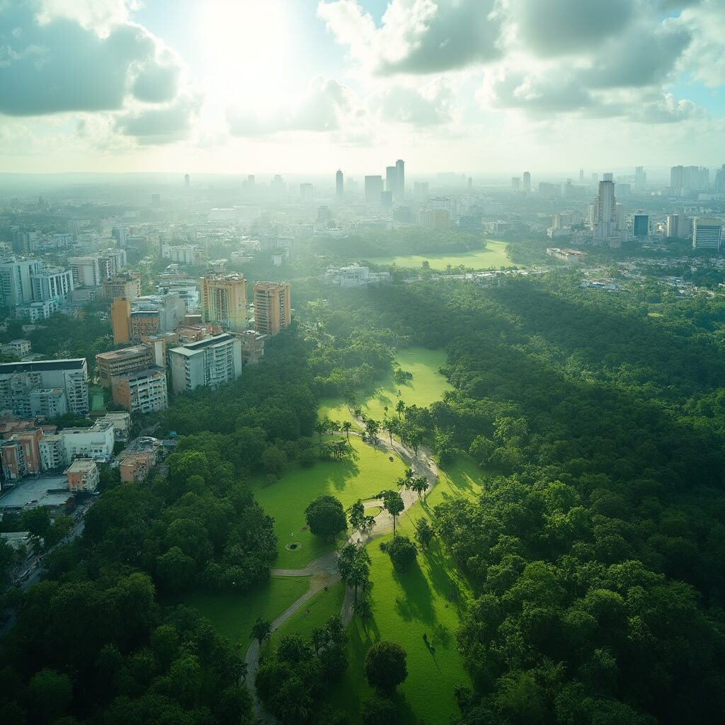 Aerial view of Hialeah city on a sunny day showing lush green parks and distant urban buildings amidst visible heat waves