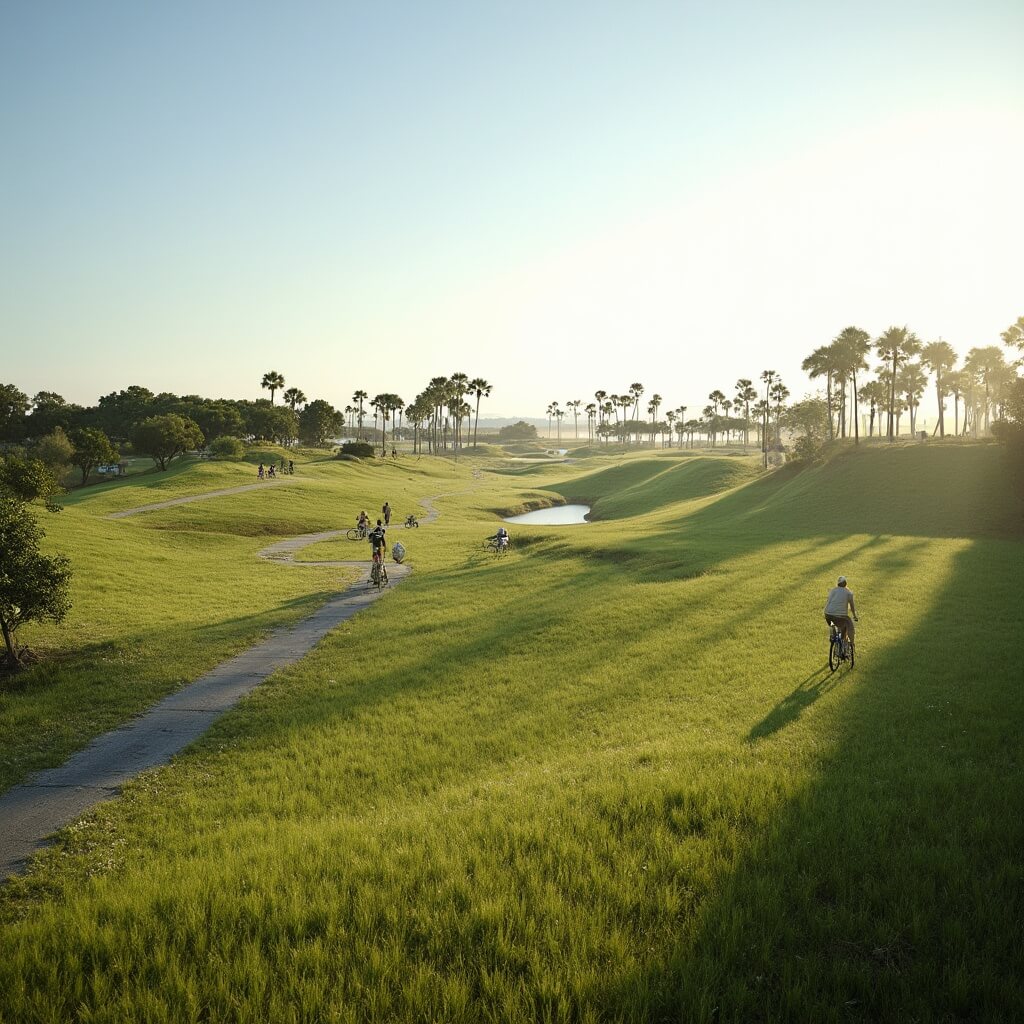 Cyclists riding on scenic trails at Amelia Earhart Park with green landscape, rolling terrain, long shadows, distant palm trees under clear November sky in Florida