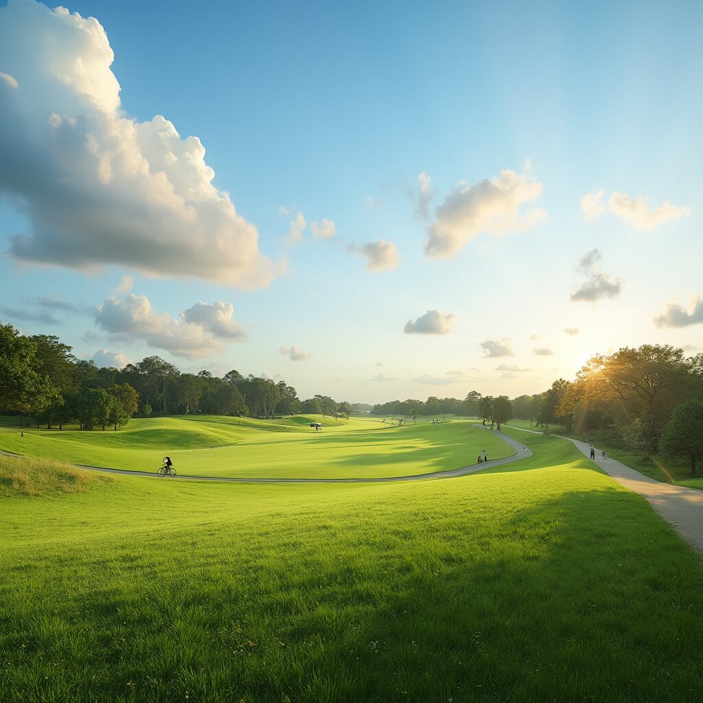 Pristine Amelia Earhart Park landscape with people enjoying outdoor activities, on green terrains and bicycle paths under a bright blue sky in April
