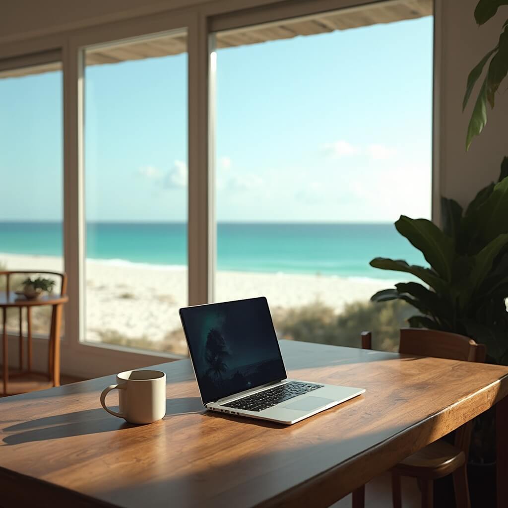 Digital nomad working remotely at a beachfront cafe with laptop on a wooden table, overlooking the Gulf Coast seen through panoramic windows, local coffee mug and tropical plants adding to the warm, casual atmosphere with background views of sandy beach and turquoise water.