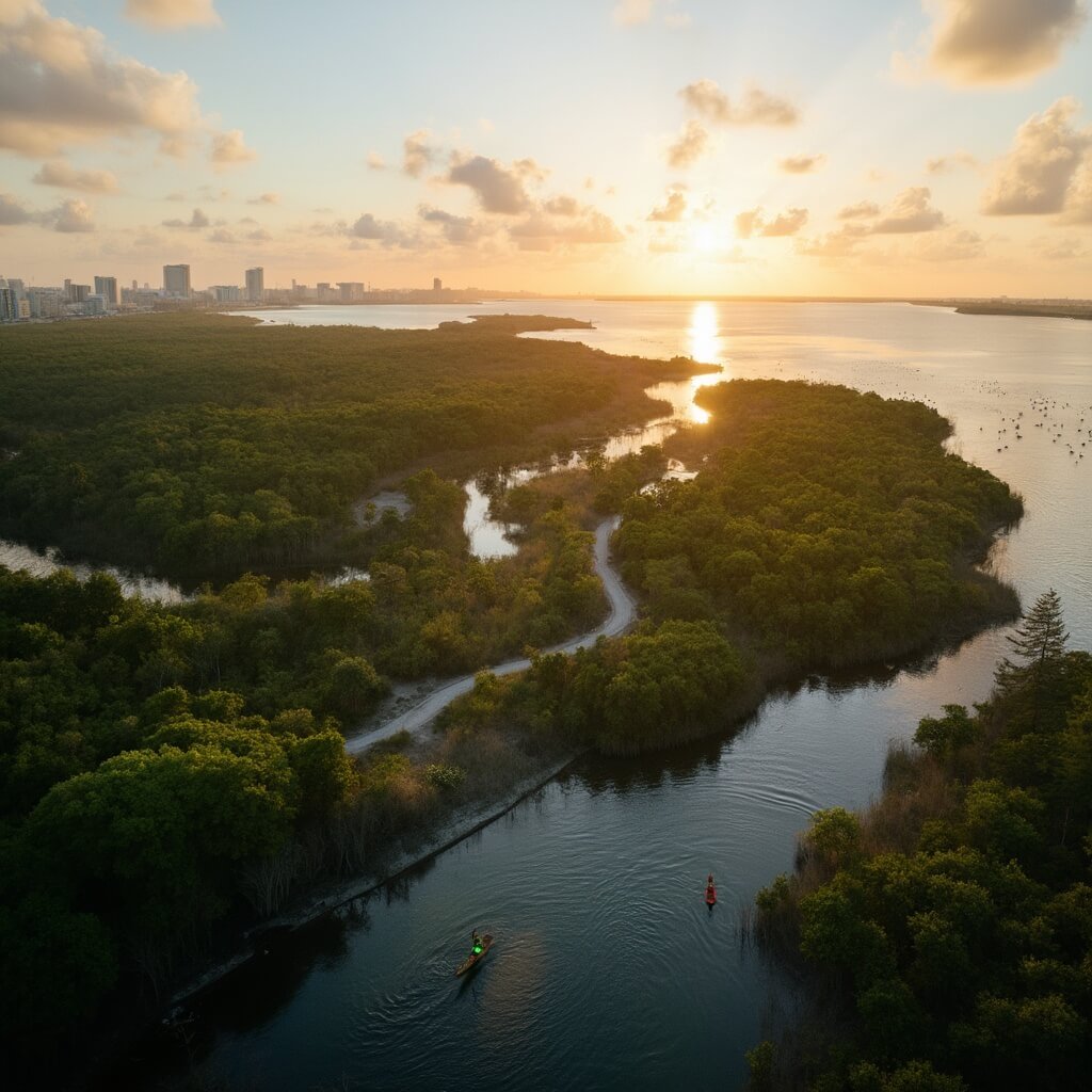 Aerial sunset view of Hugh Taylor Birch State Park with mangroves, tropical hardwood hammocks, nature trail, kayakers on the lagoon, and distant Fort Lauderdale skyline.