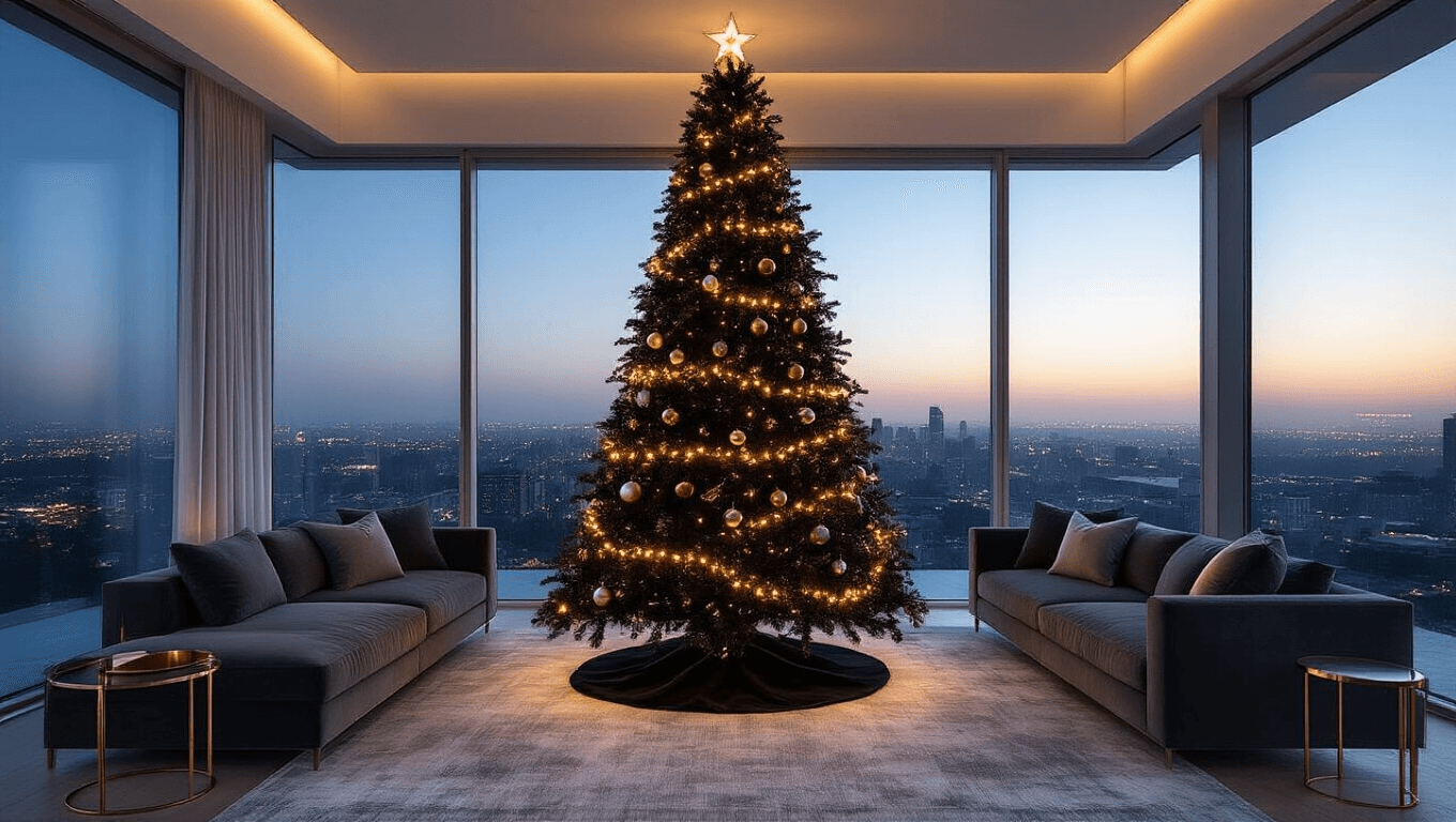 A photorealistic wide-angle shot of a 9-foot matte black Christmas tree adorned with warm LED lights and metallic ornaments in a contemporary living room featuring a velvet sectional sofa and city views at blue hour.