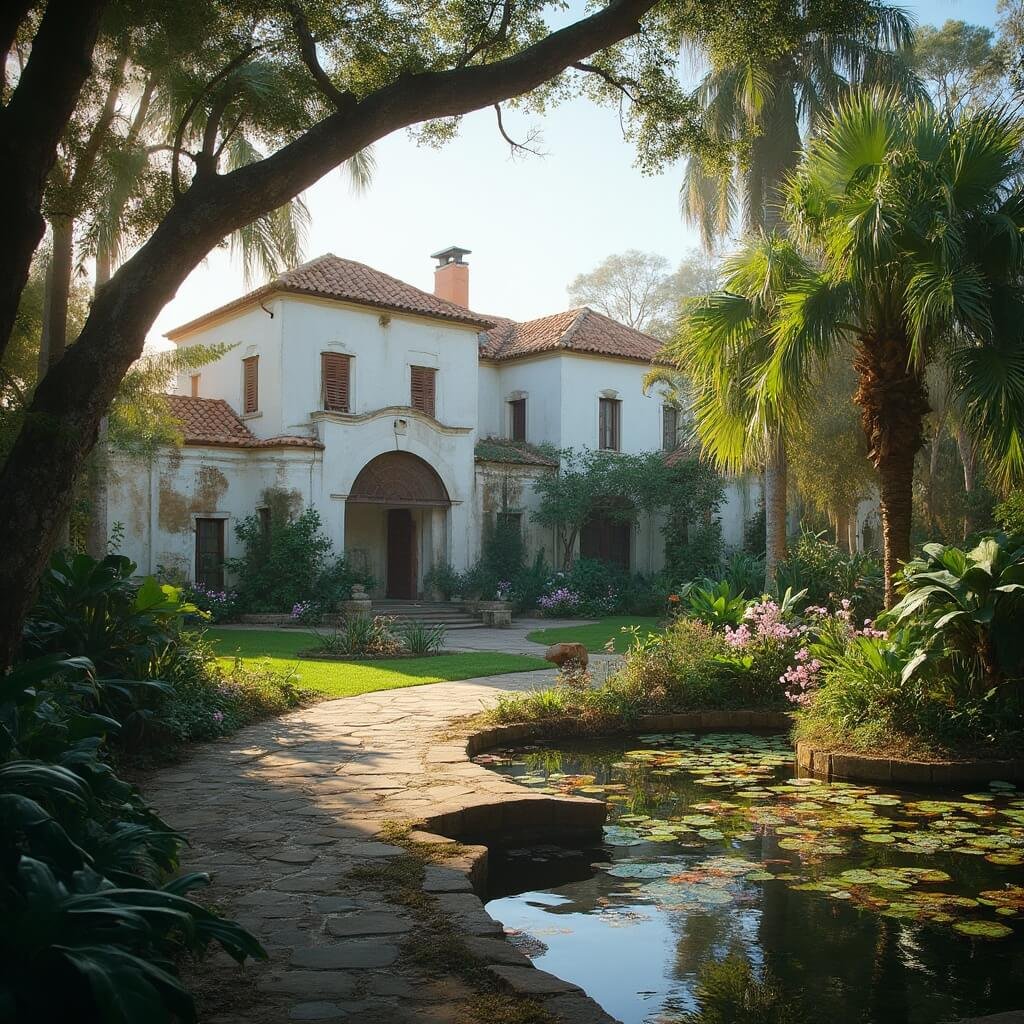Early morning view of Spanish colonial-style Bonnet House Museum, framed by tropical gardens, and reflected in a water lily pond