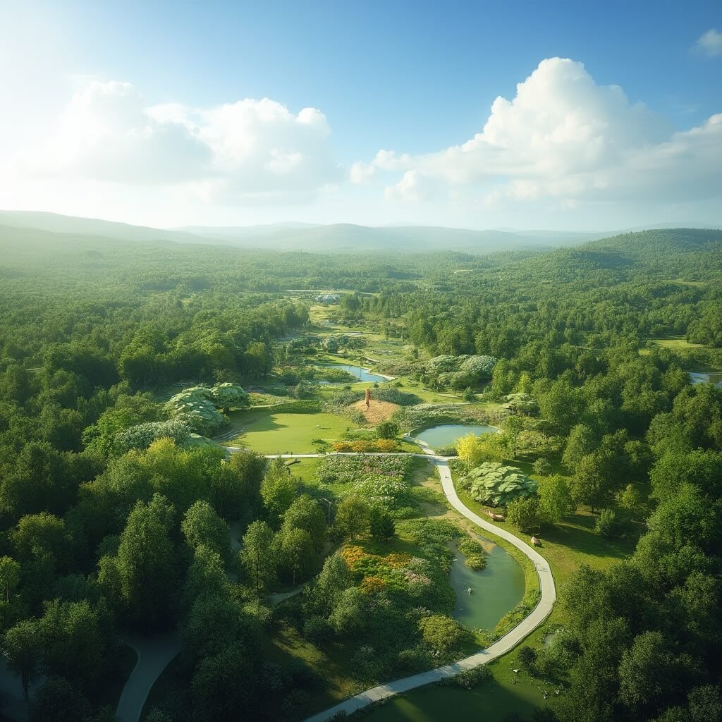Aerial view of Bonnet Springs Park with lush green botanical gardens, winding walking trails, filtering sunlight through trees, clear blue sky with white clouds