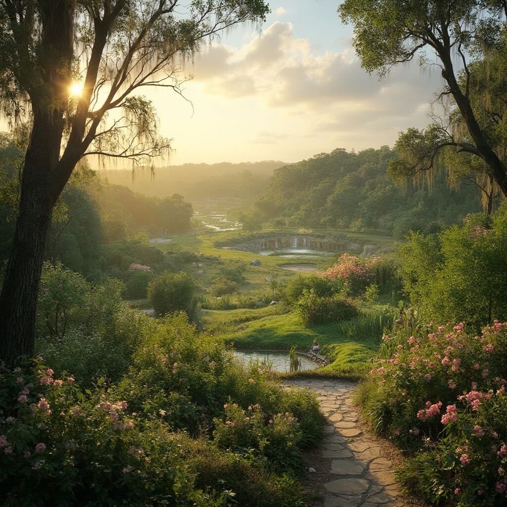 Why Lakeland in March Will Blow Your Mind: A Traveler's Ultimate Guide Panoramic view of Bonnet Springs Park at golden hour with lush greenery, blooming spring flowers, sunlit trees, water features and native Florida plants, depicting a tranquil scene