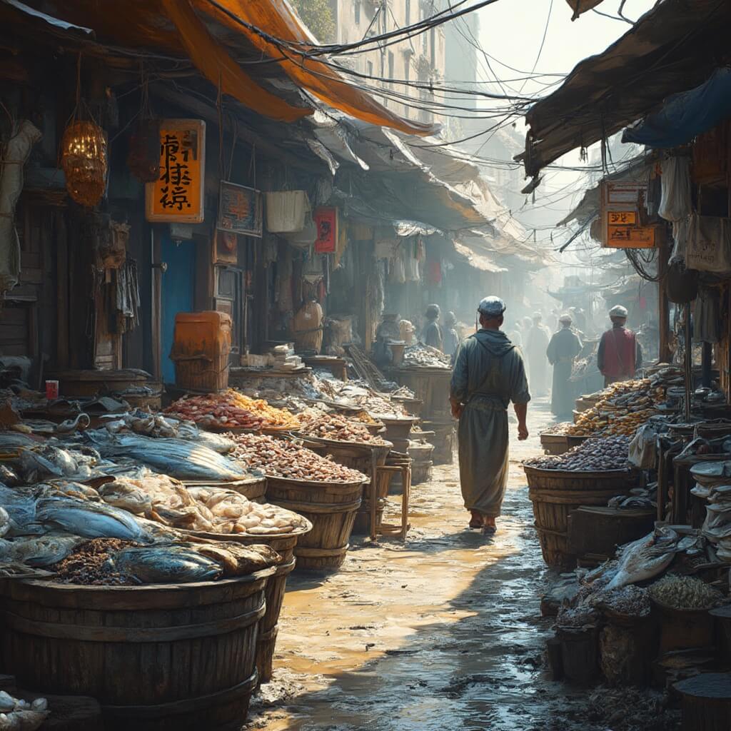 Local fishermen in traditional work attire selling fresh fish and shellfish at brightly colored, wooden market stalls in an authentic maritime setting.