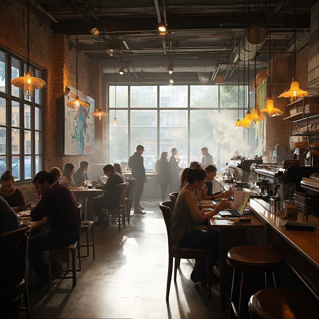 Bustling college town coffee shop interior with students studying at wooden tables, professors at the counter, sunlight streaming through windows, and warm rustic decor.