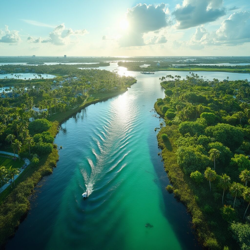 Sun, Sand, and Surprises: Why Cape Coral in April is Your Ultimate Escape Aerial view of Cape Coral, Florida with mangrove waterways, multiple canals, clear waters, boats, tropical vegetation and palm-lined waterfront