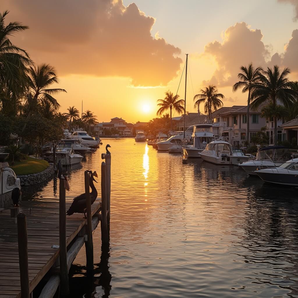 Why Cape Coral in November Will Blow Your Mind: The Ultimate Traveler's Guide Serene sunset at Cape Coral Canals with reflective calm waters, palm trees, luxury waterfront homes, moored boats, perched pelicans and rippling water shadows