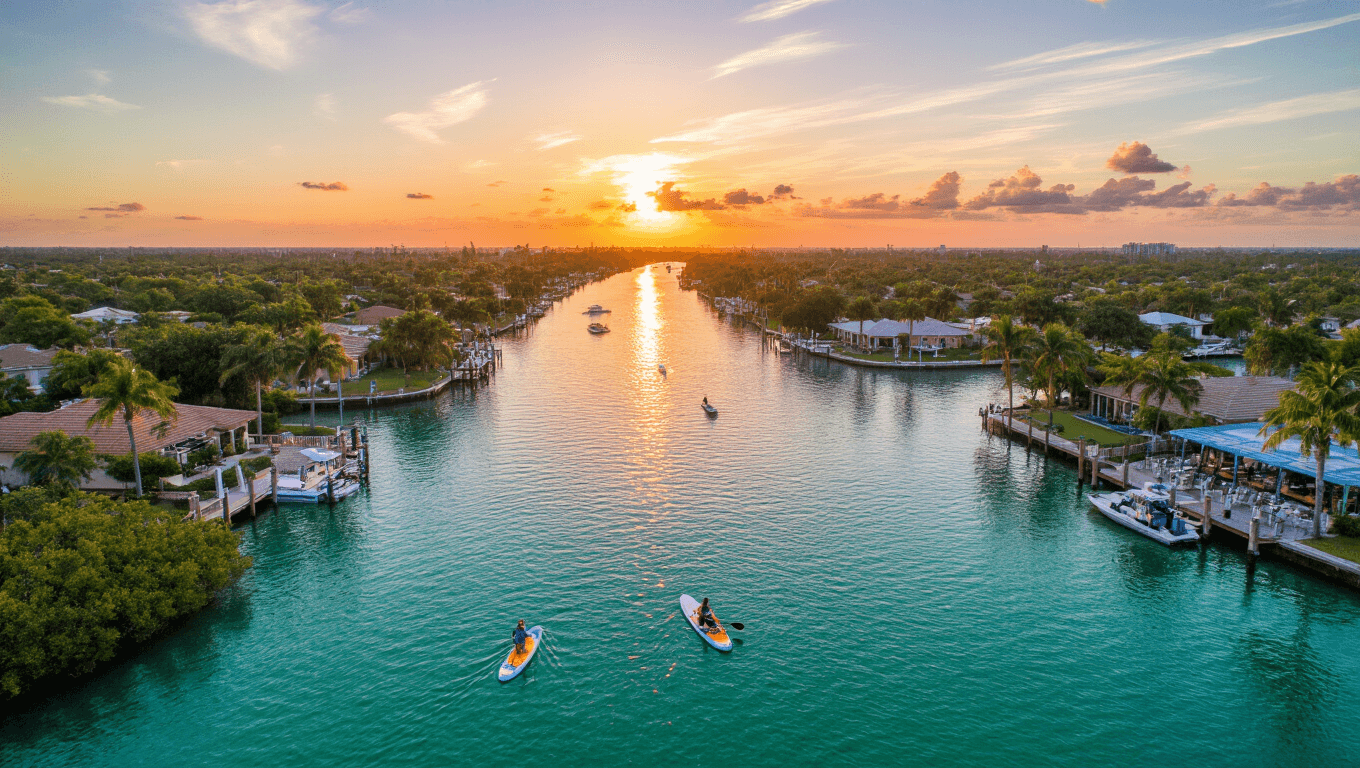 "Aerial view of Cape Coral canal system at sunset with boats, kayakers, and a paddleboarder, with palm trees, a white ibis, waterfront restaurants, and the Four Mile Cove Ecological Preserve in sight."