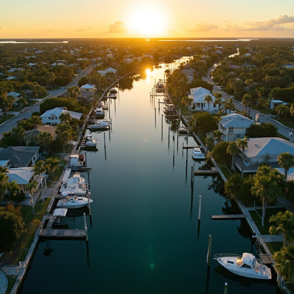 Cape Coral in December: Your Ultimate Winter Escape Guide Aerial view of Cape Coral's canal system at sunset, featuring modern houses, docking boats, palm trees, tropical landscape, clear blue water, and lush greenery in December