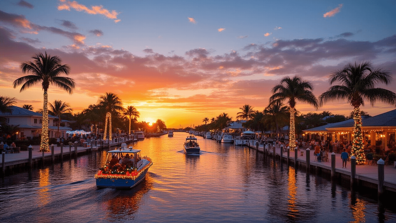 "Cape Coral's waterfront at sunset featuring Christmas-lit palm trees, a holiday boat parade, and beachgoers strolling along the marina with illuminated dolphin sculptures and seaside Christmas trees."