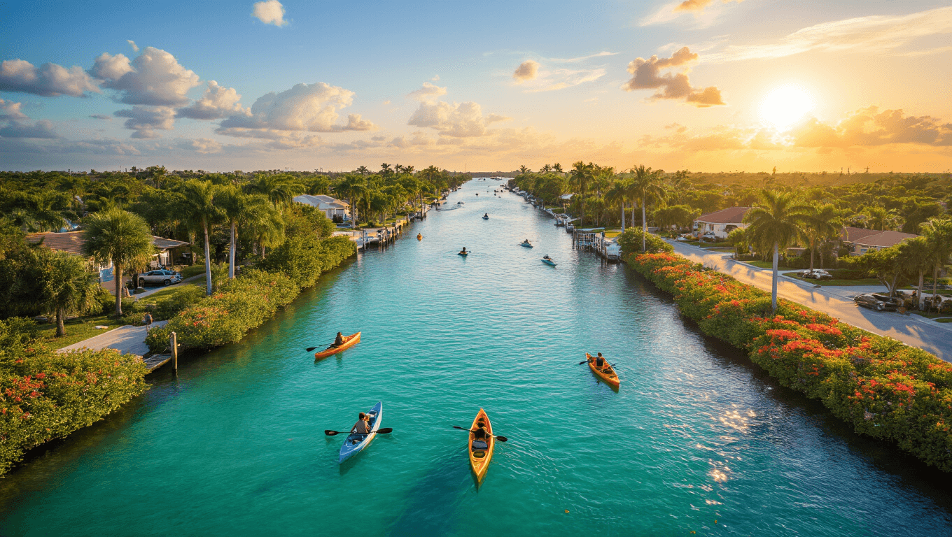 "Aerial view of Cape Coral during golden hour, highlighting the canal system, kayakers in Four Mile Cove Ecological Preserve, butterfly garden at Rotary Park, palm-lined streets, dotted boats, and beachgoers under the warm Florida sun and twilight sky."