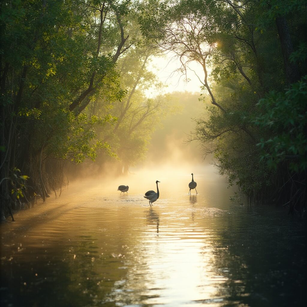 Cape Coral's August: Your Ultimate Survival & Enjoyment Guide! Dawn at Cape Coral mangroves with wading birds hunting, morning mist emerging and sunlight filtering through rich green vegetation