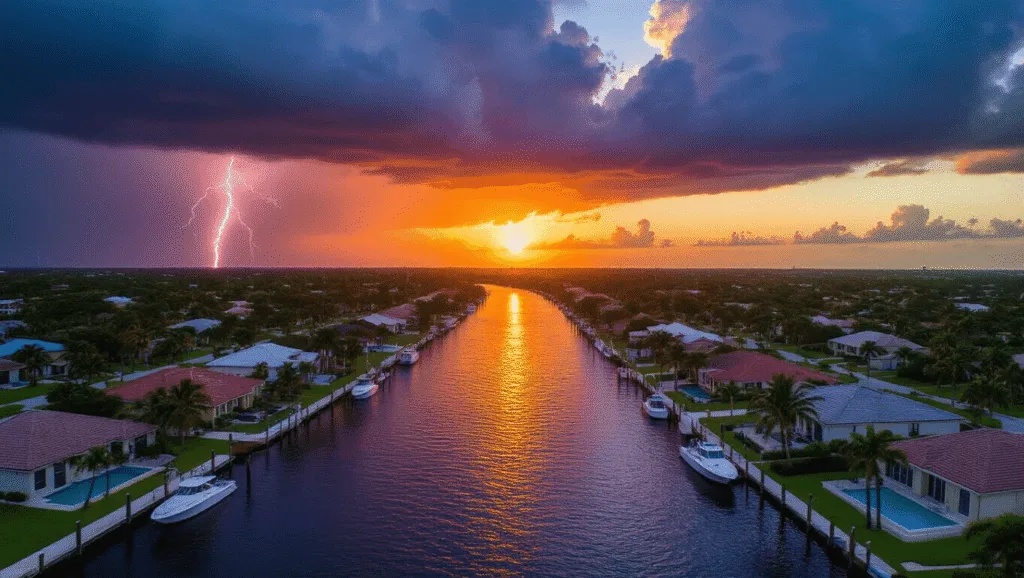 Cape Coral's August: Your Ultimate Survival & Enjoyment Guide! "Aerial view of Cape Coral's canal system at sunset with storm clouds looming, waterfront homes, docked boats, palm trees, and distant lightning, reflecting both urban and natural elements."